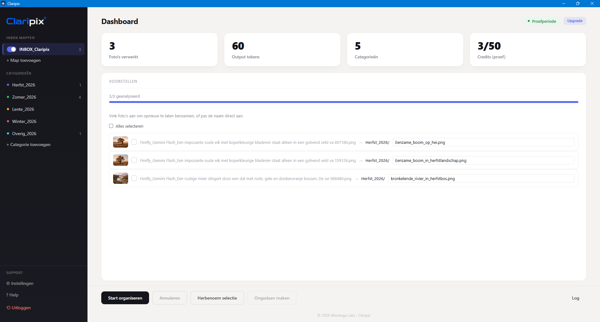 Claripix V2 dashboard met AI-voorstellen voor het hernoemen en ordenen van foto's