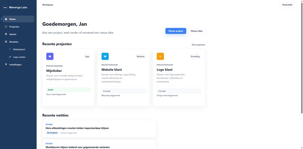 Wierenga Labs Workspace: projectoverzicht en intake tool